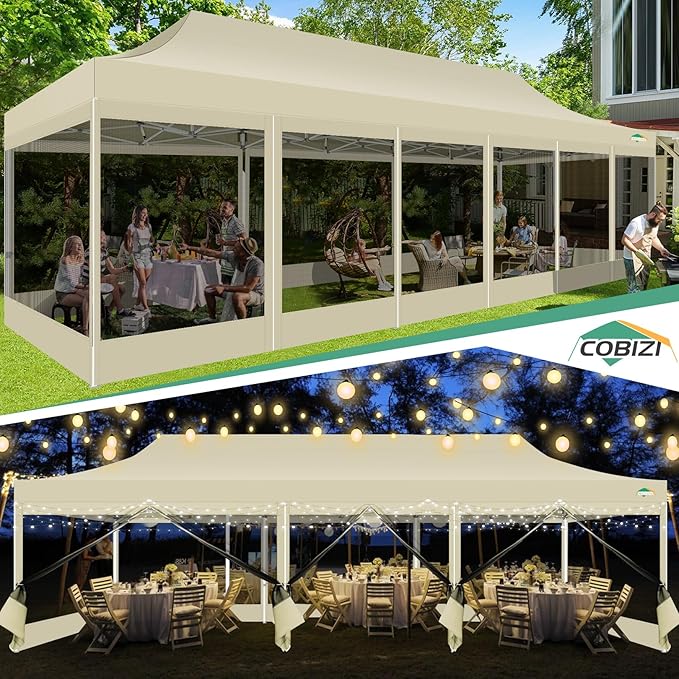 COBIZI 10x30 Pop Up Canopy with Sidewalls, Heavy Duty Canopy with Mosquito Netting, Easy up Screen Party Tents for Parties Backyard Outdoor Commercial Event Gazebo with Roller Bag, Sandbags, Khaki