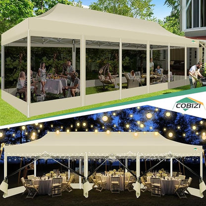 COBIZI 10x30 Pop Up Canopy with Sidewalls, Heavy Duty Canopy with Mosquito Netting, Easy up Screen Party Tents for Parties Backyard Outdoor Commercial Event Gazebo with Roller Bag, Sandbags, Khaki