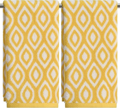 Artoid Mode 2 Pcs Beige Yellow Diamond Grid Jacquard Hand Towels for Bathroom, 100% Cotton Soft Absorbent Bathroom Decor Towels, 13.7 x 29.5 Inch