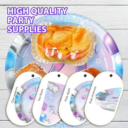 Grencian 96Pcs 21st Birthday Decorations Iridescent 21st Birthday Party Plates Disposable 350GSM Cheers to 21 Years Paper Tableware Set for Girls Women 21 Years Old Party Supplies Serves 24