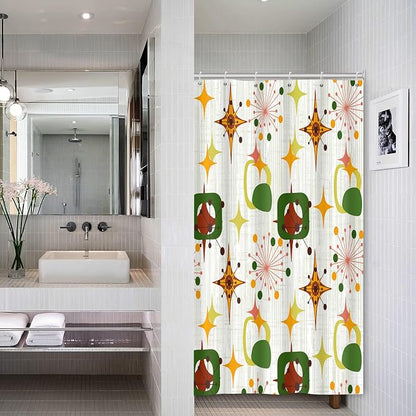 Mid Century Shower Curtain, 48x72inch, Modern Abstract Retro Green Striped Geometric Shower Curtain Sets 1950s Boho Bathroom Shower Curtain with 8 Hooks