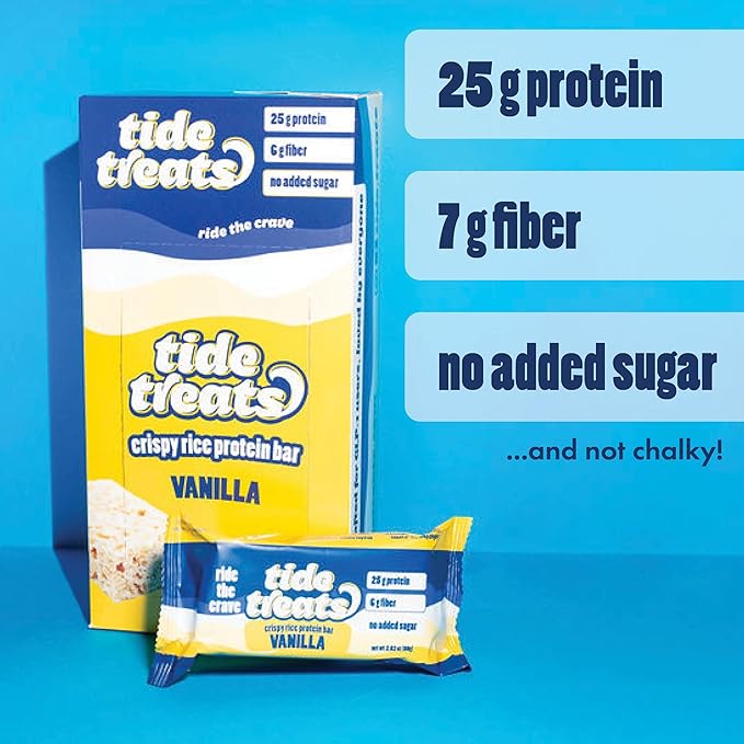 25g Protein Bar Crispy Rice Treat Vanilla | Clean Ingredients, No Added Sugar, 7g Fiber, Gluten Free | High Protein Snack for On-the-Go, Post-Workout or Dessert Cravings | 8 Count | TideTreats
