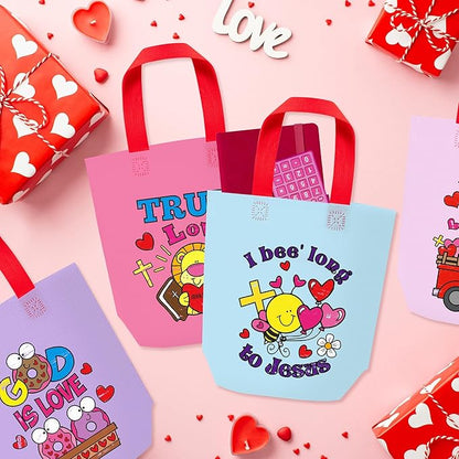 Valentine's Day Cartoon Coloring Goodie Bag for Kids - 24Pcs Christian Bulk Color Your Own Gift Bag with Handle Religious Reusable Coloring Non Woven Tote Bag for Valentine Party DIY Painting Craft