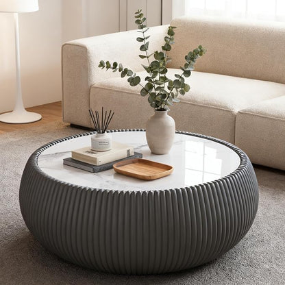 SSLine Round Drum Coffee Table Modern Sintered Stone Top Coffee Table in Grey