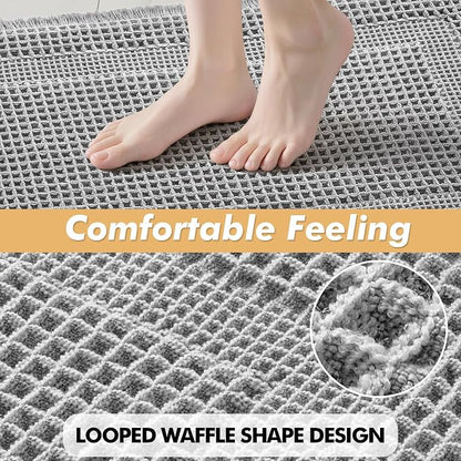 MIULEE Set of 2 Waffle Bathroom Rugs, Boho Bath Rug Super Absorbent, Non Slip Washable Ultra Soft Rubber Backed Shower Bath Mats for Floor, Tub, Shower, Looped Design, Light Grey, 17"x24"+18"x30"