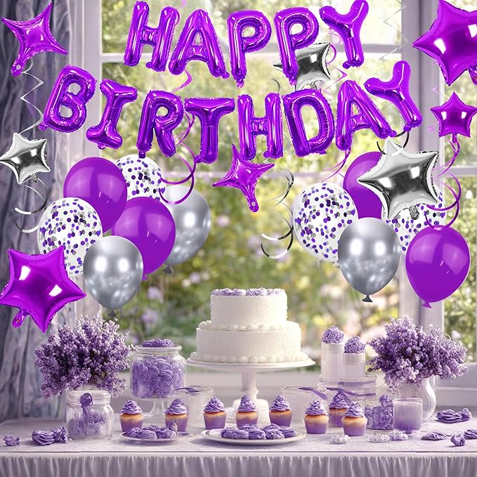 56 PCS Happy Birthday Balloons Happy Birthday Banner Purple and Silver Balloons for Boys Men Girls Women 16th 18th 20th 21st 25th 30th 40th 50th 60th Birthday Party Decorations