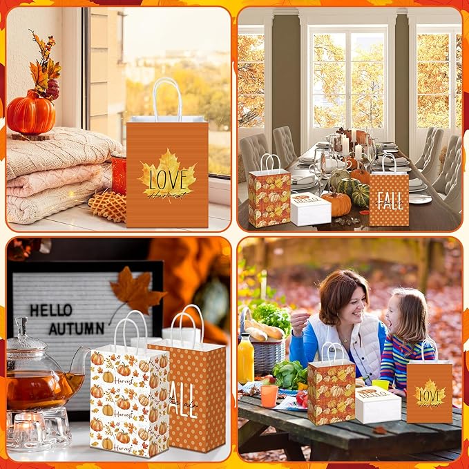 Kolldenn 24 Pcs Thanksgiving Party Favors Bags Fall Gift Goodie Paper Bags with Handles Autumn Maple Leaf Pumpkin Pouch for Thanksgiving Party Decorations Supplies
