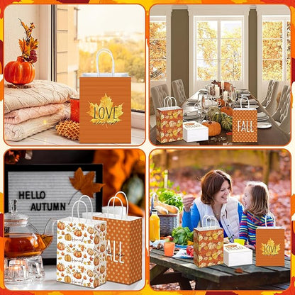 Kolldenn 24 Pcs Thanksgiving Party Favors Bags Fall Gift Goodie Paper Bags with Handles Autumn Maple Leaf Pumpkin Pouch for Thanksgiving Party Decorations Supplies