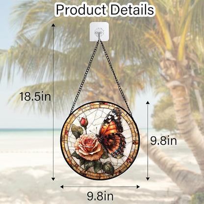Stained Glass Window Hanging, Butterfly Picking Flowers Suncatcher for Doors Home Sun Catchers Decoration and Christmas, Mother's Day Birthday Gifts for Women, Men, and Mom 7.8 in