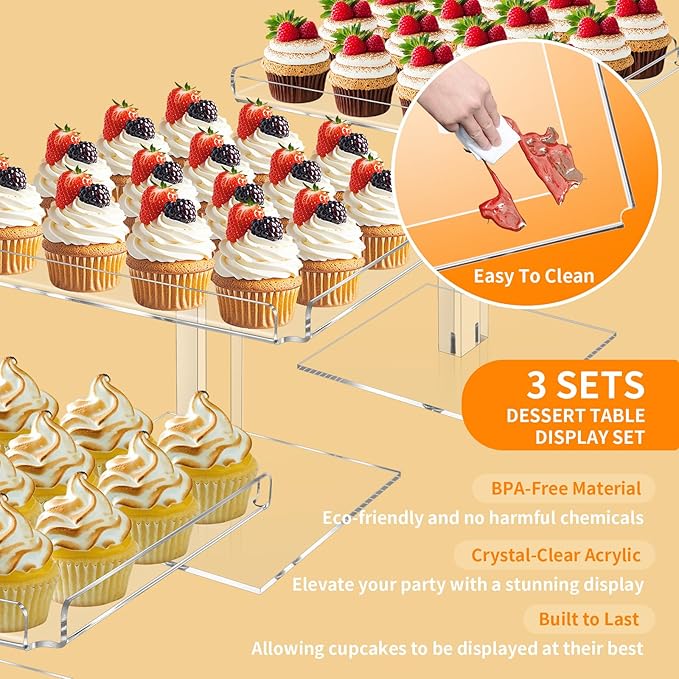 3 Tiered Serving Tray Set for Entertaining, 9" Acrylic Dessert Stands, Cupcake Stand Buffet Risers for Wedding Birthday Party Baby Shower