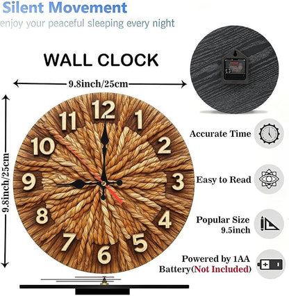 Rope Weave Sunburst Farmhouse Wooden Wall Clock 25cm*25cm