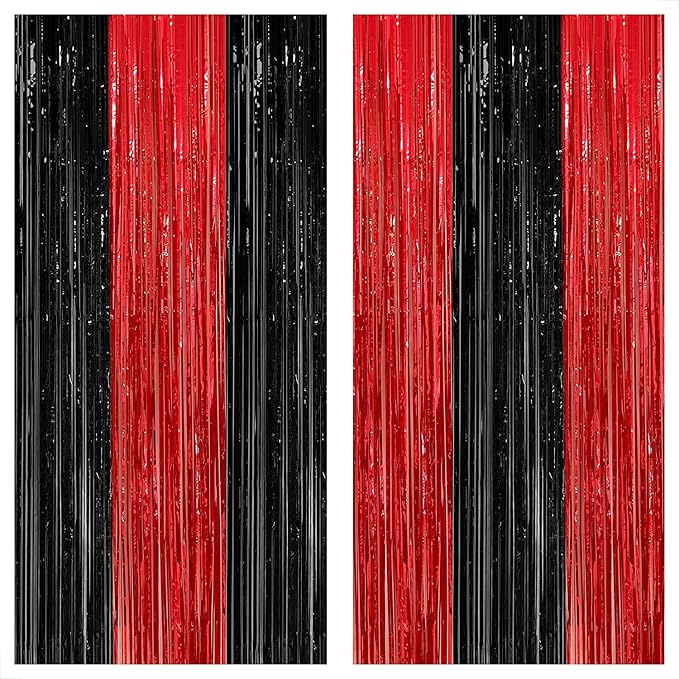 XtraLarge Black and Red Fringe - 8x3.2 Feet, Pack of 4 | Metallic Black and Red Fringe Curtain for Disco | Red and Black Party Decorations | Red and Black Foil Fringe Curtain for Halloween Decorations