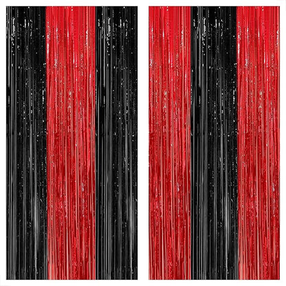 XtraLarge Black and Red Fringe - 8x3.2 Feet, Pack of 4 | Metallic Black and Red Fringe Curtain for Disco | Red and Black Party Decorations | Red and Black Foil Fringe Curtain for Halloween Decorations
