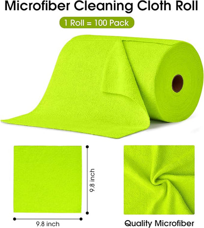 KitchLife Microfiber Cleaning Cloth Roll, 100 Pack - Tear-Away Microfiber Paper Towels, Lint-Free, Reusable, Washable for Kitchen, Car, Dishes, and Sensitive Surfaces (Neon Green)