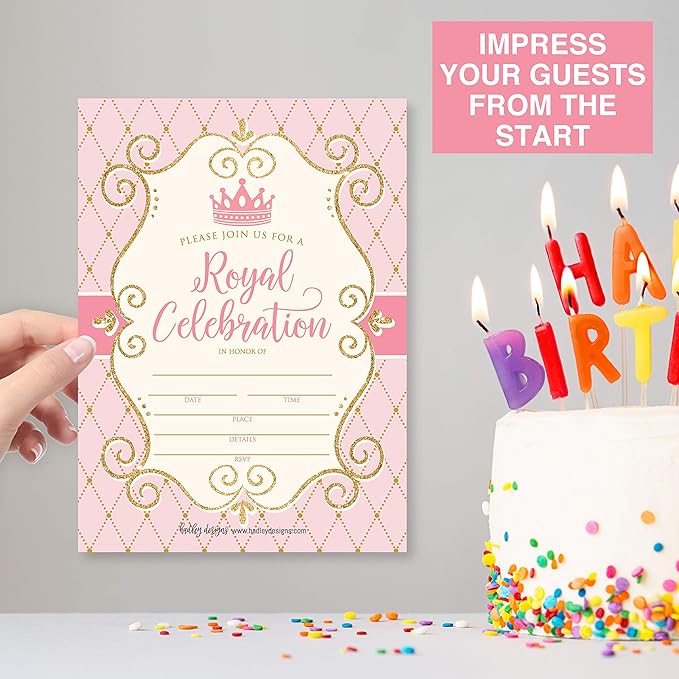 Hadley Designs Kids Birthday Invitations Girl Princess Theme - 25 Royal Birthday Party Invitations For Girls, Princess Invites For Girls, Cute Party Supplies, Made in USA