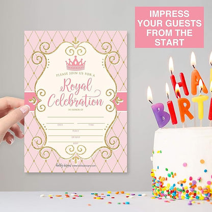 Hadley Designs Kids Birthday Invitations Girl Princess Theme - 25 Royal Birthday Party Invitations For Girls, Princess Invites For Girls, Cute Party Supplies, Made in USA