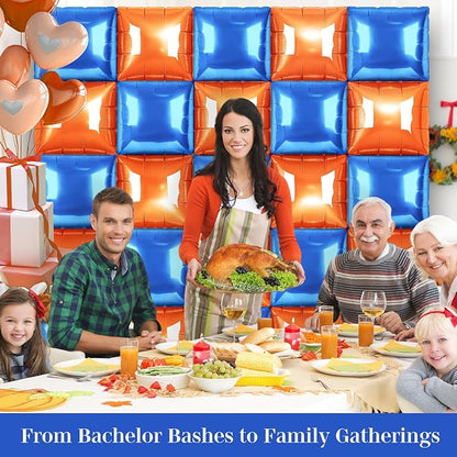 Orange and Blue Square Foil Balloons 25 Pcs Metallic Orange and Blue Balloons Wall Backdrop for New Year Graduation Birthday Bridal Shower Party Arch Backdrop Decorations