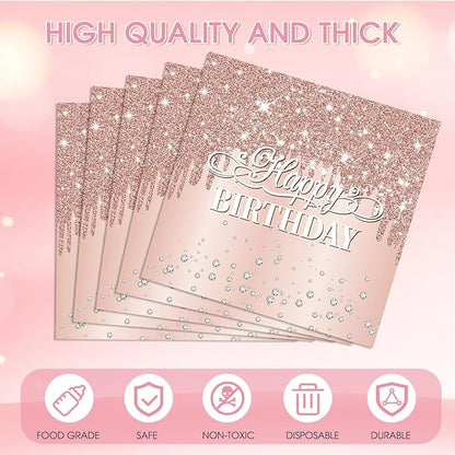 40Pcs Happy Birthday Napkins Rose Gold Birthday Decorations for Girls Women Disposable Diamond Rose Gold Cocktail Beverage Napkins for Dinner,Wedding, Birthday,Anniversary Party Supplies