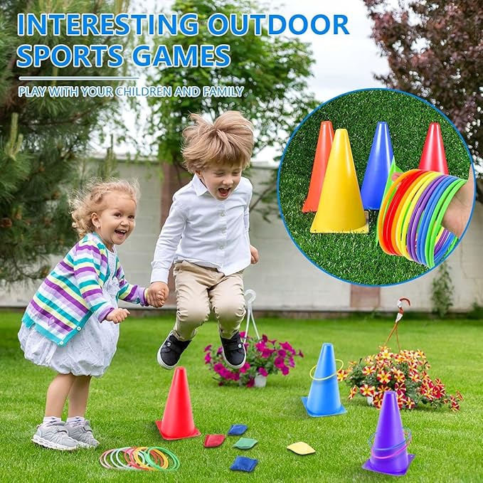 OBTANIM 26 Pcs Plastic Colorful Cones Ring Toss Combo Set Outdoor Carnival Games for Kids Adults Birthday Party Throwing Backyard Games