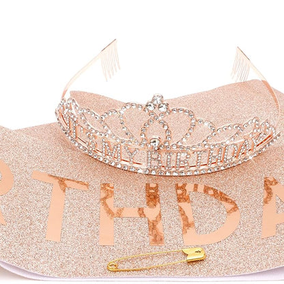 CAVETEE Birthday Crowns for Women - Its My Birthday Sash and Crown Set for Adult Women - Rose Gold