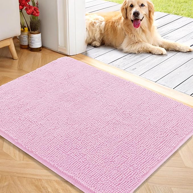 OLANLY Dog Door Mat for Muddy Paws 40x32, Absorbs Moisture and Dirt, Absorbent Non-Slip Washable Doormat, Quick Dry Chenille Mud Mat for Dogs, Entry Indoor Entryway Carpet for Inside Floor, Pink