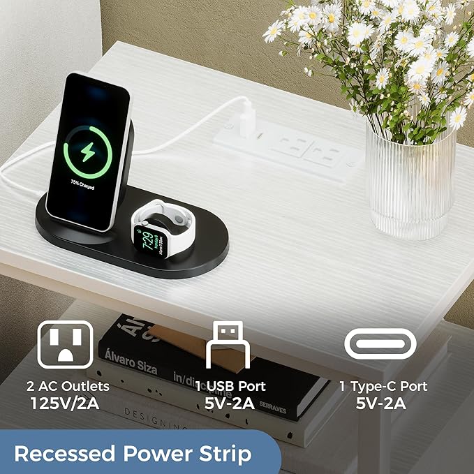 DUMOS Nightstand Set of 2 with Built in Charging Station USB Ports and Outlets Adjustable Fabric Drawer Storage Bedside Table with Open Shelf for Bedroom,White