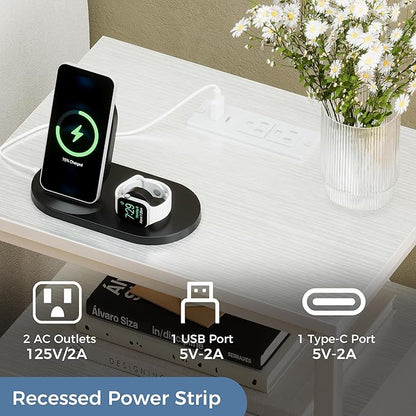 DUMOS Nightstand Set of 2 with Built in Charging Station USB Ports and Outlets Adjustable Fabric Drawer Storage Bedside Table with Open Shelf for Bedroom,White