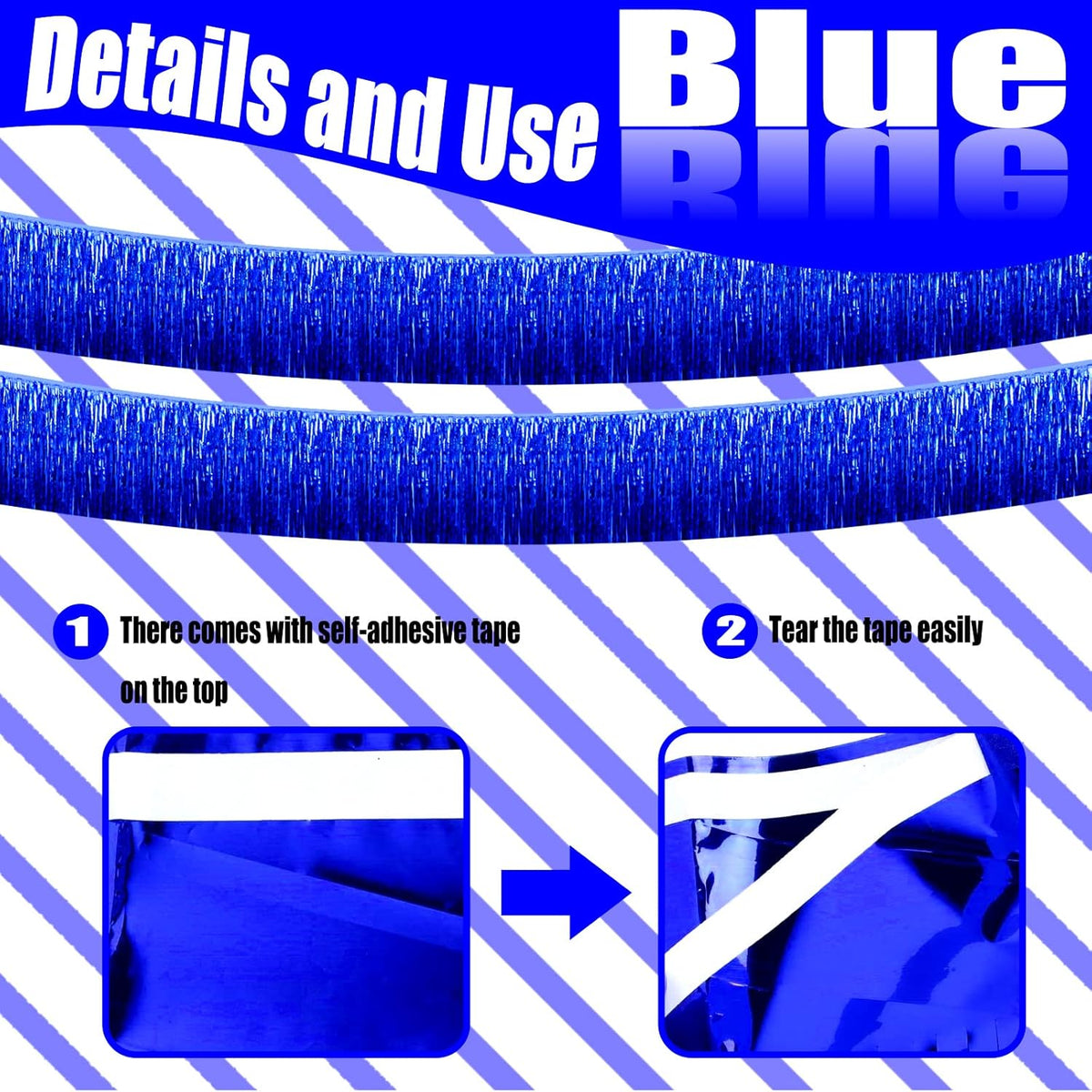 6 Pack 10 Feet Foil Fringe Garland Metallic Tinsel Streamers Banner Wall Hanging Curtain Backdrop Banner for Parade Floats, Thanksgiving, Christmas, Birthday, Halloween Party Decorations(Blue)