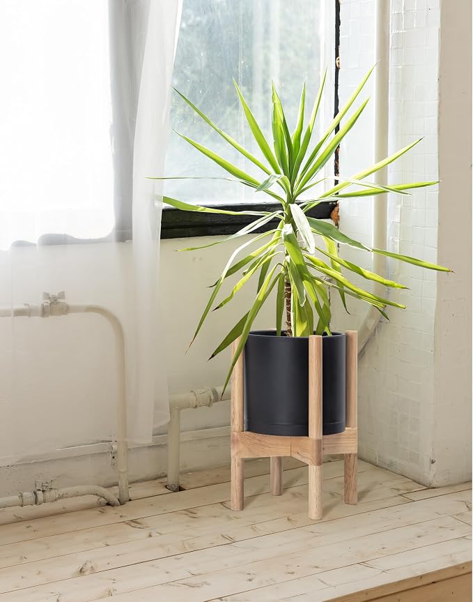 D'vine Dev Planter Pot with Stand - 8 Inch Plastic Cylinder Flower Pot with Wood Planter Holder for Indoor, Matte Black Pot + Natural Stand, 55-C-J-2