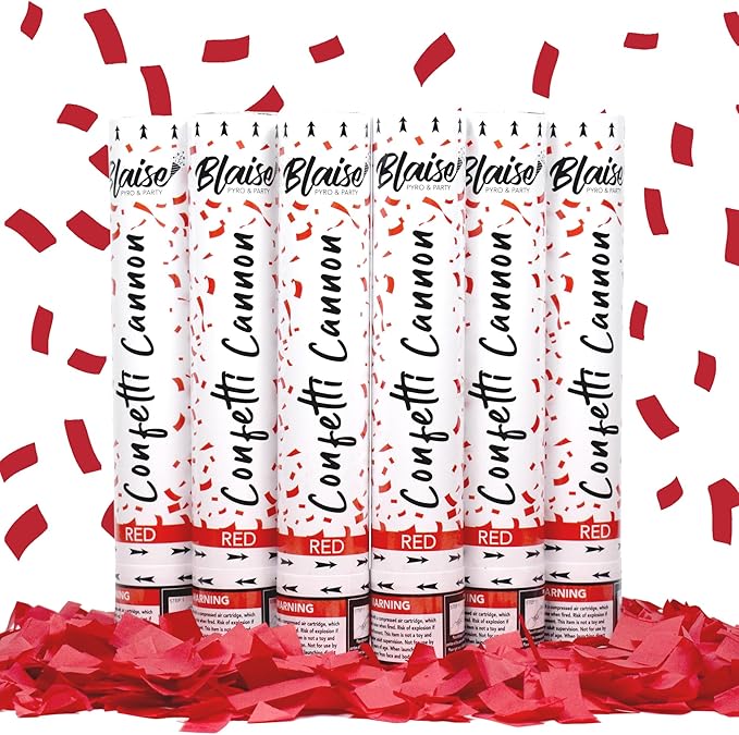 Blaise Pyro & Party Red Confetti Poppers - Easy to Use Paper Confetti Poppers for Weddings, Birthdays, Anniversaries & More - Colorful Confetti Cannon for Memorable Photos - 6 Pack, 12 Inch