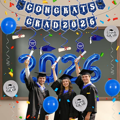 Navy Blue Graduation Decorations 2026, Silver and Blue Graduation Party Decorations Class of 2026 Backdrop, Congrats Grad Banner Streamers Balloons Foil 2026 Balloons College High School Master Phd