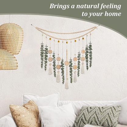 Artificial Hanging Eucalyptus Wall Decor Fake Plant Greenery Stems on 29" Sunflower Bead Garland Sage Green Boho Rustic Farmhouse Wall Art for Bathroom Bedroom Living Room
