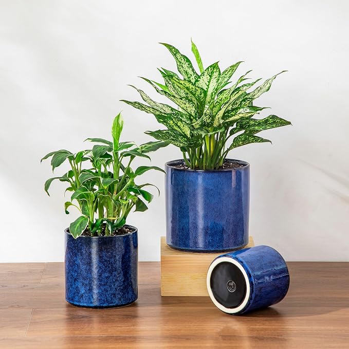 vancasso Ceramic Plant Pots, 4.25+5.25+6.25 Inch Planter Pot with Drainage Hole, Flower Pots for Indoor Outdoor Plants, Set of 3, Blue