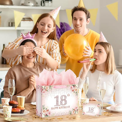 Laidans Sweet 18th Happy Birthday Gift Bag with Tissue Paper and Card for Girls Kids Party (Rose Gold) (18th)
