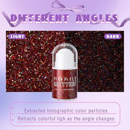 HOSAILY Roll-on Red Body Glitter Gel for Face Hair, Christmas Holographic Face Paint Glitter Mermaid Makeup, Sparkling Chunky Sequins Festival Party Rave Accessories Shimmer Makeup