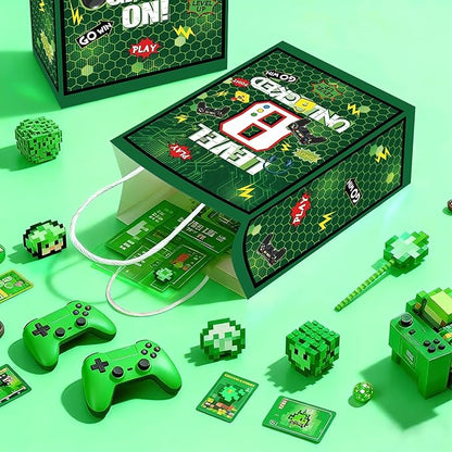 Grencian 16Pcs Video Game 8th Birthday Party Favor Bags Green Gamer 8th Birthday Candy Treat Gift Goodie Bags with Handles Gaming Level 8 Decorations for Boys Kids 8 Years Old Party Favors