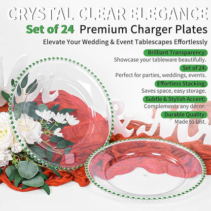 24 Pack Clear Charger Plates Bulk Wedding, 13 Inch Plastic Round Dinner Chargers with Green Beaded Rim, Acrylic Round Decorative Plates for Wedding Party Home and Tabletop Decor (Green)