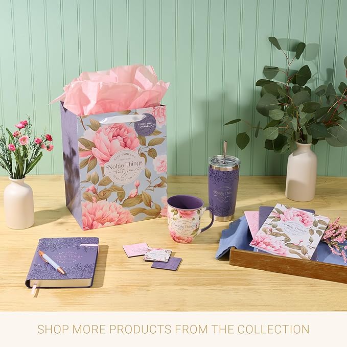 Christian Art Gifts Large Portrait Inspirational Scripture Gift Bag, Tag & Wrapping Tissue Paper Set for Moms: Noble Things Encouraging Bible Verse, Cute Sturdy Satin Ribbon Handles, Blue/Pink Floral