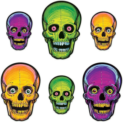 Beistle 1456 Vintage Halloween Nite-Glo Skull Cutouts, 12 Piece, 8.5" & 12.75", Multicolored