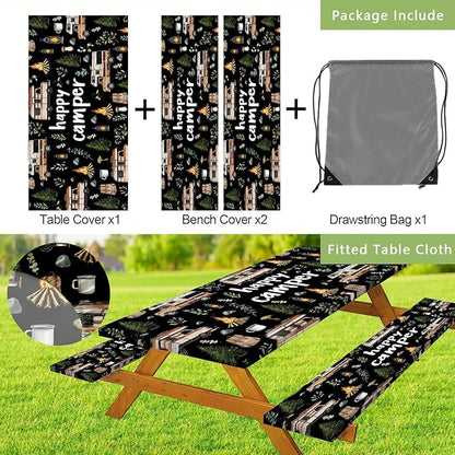 JAWO Picnic Table Cover with Bench Covers, Happy Camper Tablecloth,RV Plants Bonfire Black Rectangle Tablecloth for Indoor Outdoor Patio, 60x30 Inch