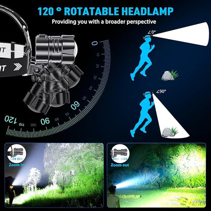 Sinvimes 99000 High Lux LED Rechargeable Headlamp, 95H Long Battery Life Head Lamp with 5 Modes & IPX7 Waterproof & Zoomable, 125° Adjustable Head Light for Adults, Outdoor, Camping, Hardhat