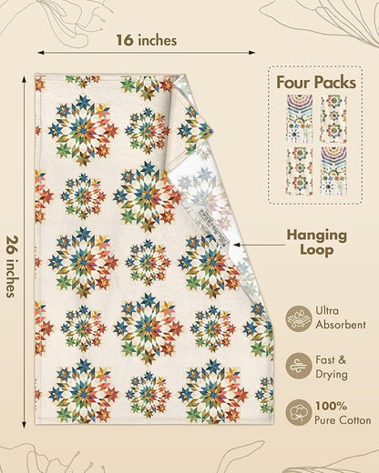 Miss Adola 4pcs Flour Sack Kitchen Towels - 16x26 Inch Cotton Dish Towels Set of 4 with Hanging Loop Reusable Geometric Boho Modern Retro Tea Towel Absorbent Dishcloths Home Decor, Starburst Design