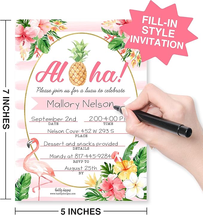Hadley Designs 25 Pool Party Invitations for Girls, Tropical Hawaiian-Themed Birthday Invitations for Kids & Adults, Perfect for Birthday, Beach, and Summer Parties