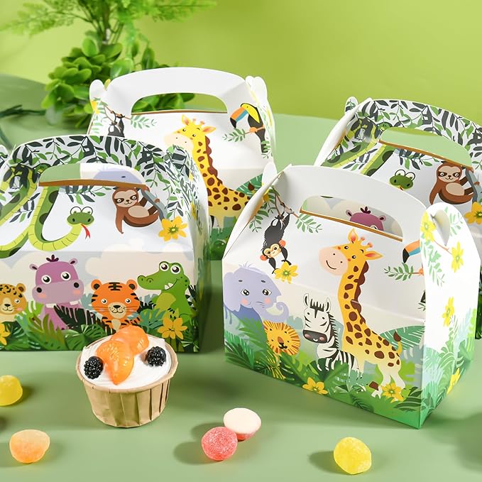 DjinnGlory 36 Pack Safari Woodland Animals Treat Boxes Gable Boxes Party Favor Gift Boxes for Baby Shower, Birthday Parties, Small Business 6.18 x 3.58 x 3.38 Inches