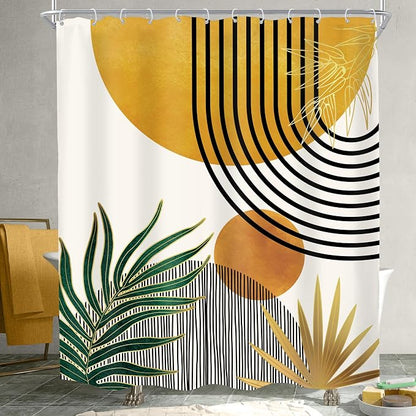 KOMLLEX Mid Century Boho Shower Curtain for Bathroom Decor Abstract Modern Sun Minimalist Aesthetic Arch Curve Leaves Geometric Yellow Gold Neutral Fabric Waterproof Polyester 12 Hook 60Wx72L