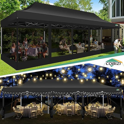 COBIZI 10x30 Pop Up Canopy with Sidewalls, Heavy Duty Canopy with Mosquito Netting, Easy up Screen Party Tents for Parties Backyard Outdoor Commercial Event Gazebo with Roller Bag, Sandbags, Black