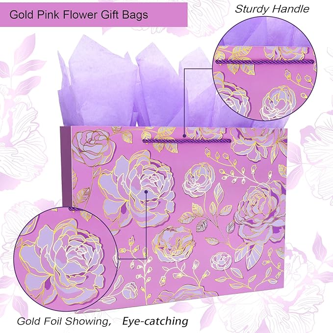 Oletx 13" Gold Pink Flower Gift Party Bags Happy Birthday Gift Bag with Tissue Paper Greeting Card for Women's Birthday Party,Wedding,Anniversaries,Mother's Day