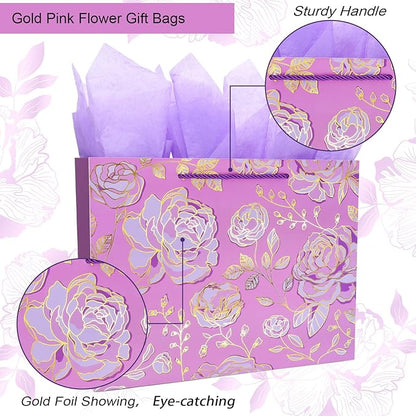 Oletx 13" Gold Pink Flower Gift Party Bags Happy Birthday Gift Bag with Tissue Paper Greeting Card for Women's Birthday Party,Wedding,Anniversaries,Mother's Day