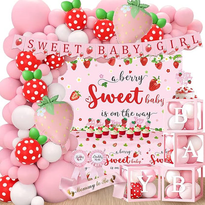 Strawberry Baby Shower Decorations, A Berry Sweet Baby Is On The Way Decorations for Girl, It's a Girl Gender Reveal, Red and Pink Backdrop Balloon Arch Box Tablecloth Cake Topper Party Decor 141pcs