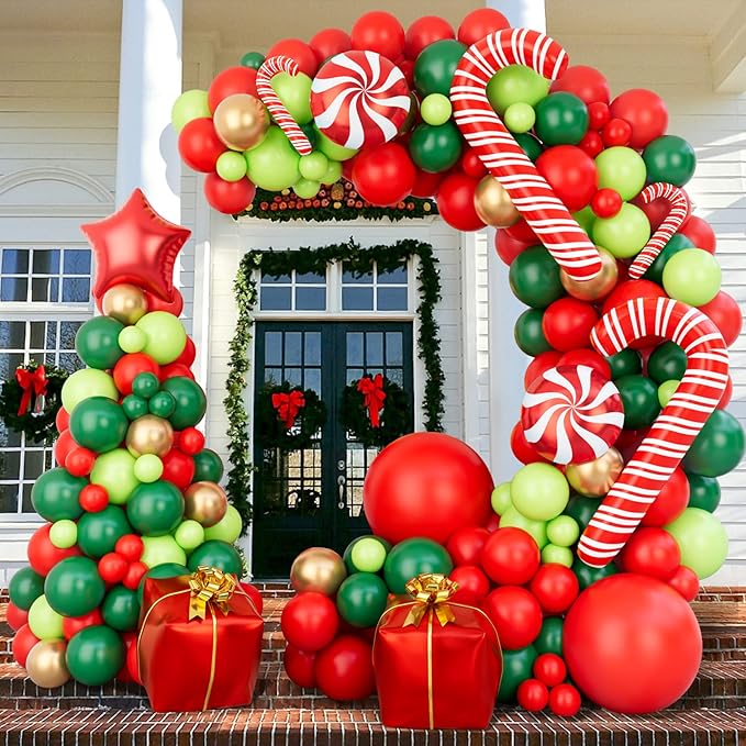Christmas Balloon Garland Arch kit with Xmas Red Gold Dark Green Balloon Fresh Green Balloon and Candy Balloons Gift Box Balloons Red Star Balloons Rich for Christmas Party Decorations
